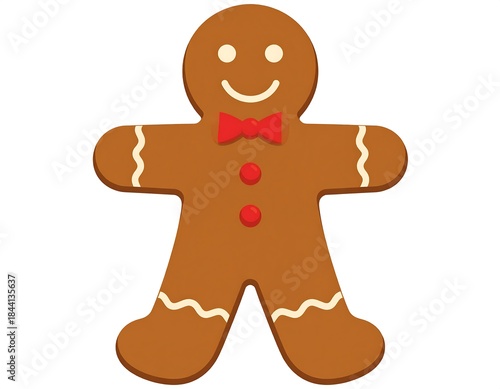 A flat illustration of a gingerbread man cookie, with a red bow tie and button decorations, arms and legs