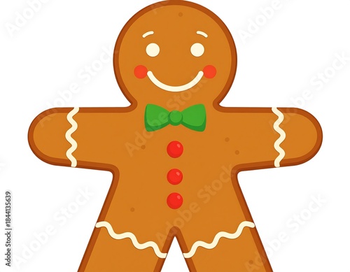 A flat illustration of a gingerbread man with a smiling face, red buttons, a green bow tie, and white icing details