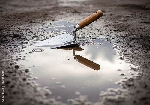 Reflecting on craftsmanship: A trowel's still reflection mirroring labor and a day's work concluded