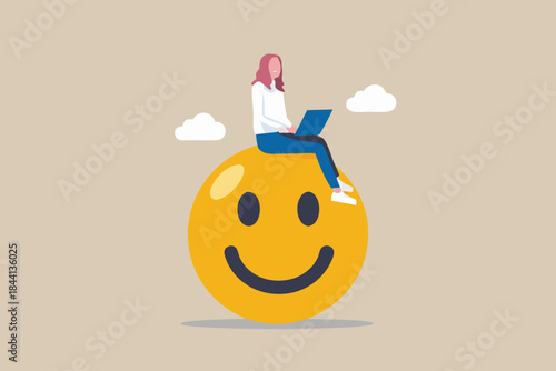 Woman working on a laptop atop a large cheerful smiling face cloud