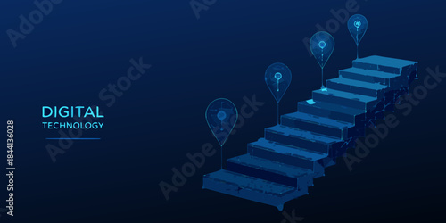 Digital technology pathway ascending stairs with glowing location pin markers