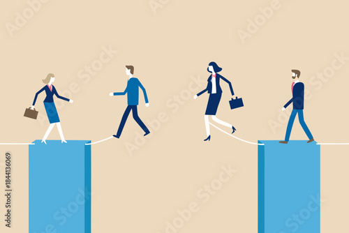 Business professionals carefully navigating a challenging path on a tightrope