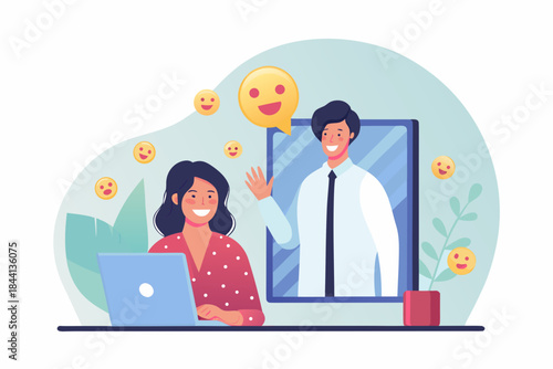 Virtual connection a man waving from a screen to a woman with a laptop