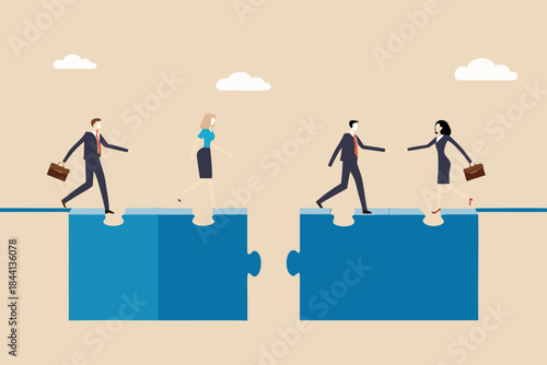 Business people walking on puzzle pieces representing connection and teamwork