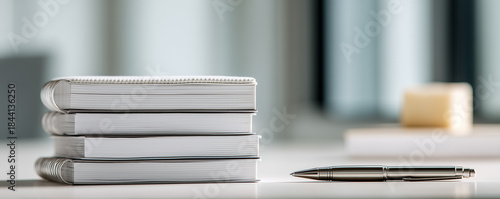 Clean, minimalist shot of a clean, simple stack of notebooks and a few pens on a clean table before the meeting starts, preparation, anticipation, clean design