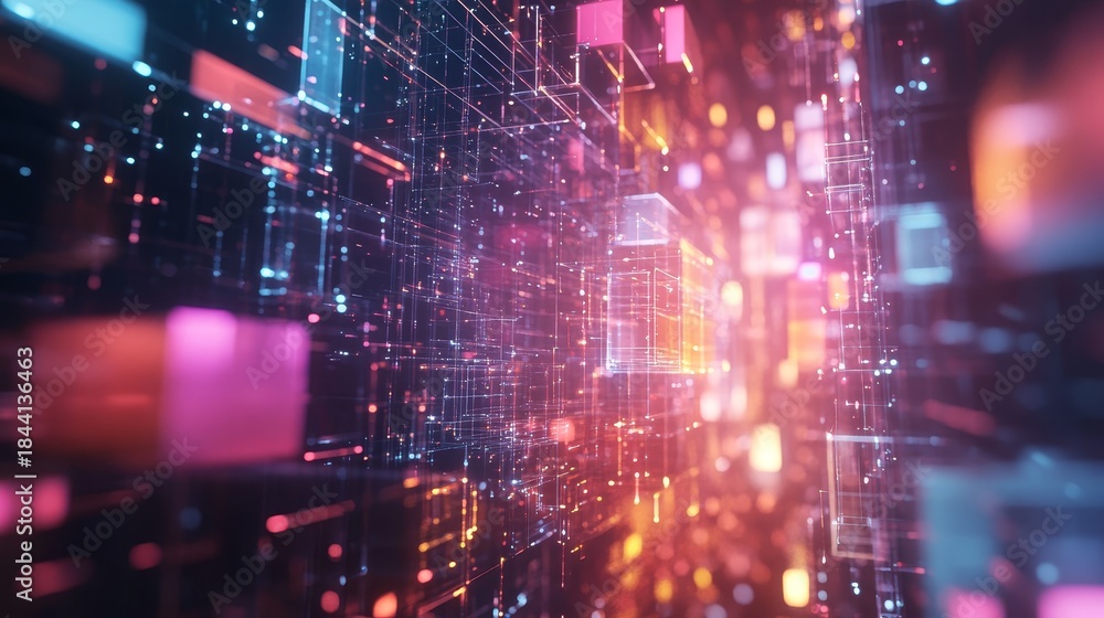 Fototapeta premium Dynamic abstract technology background featuring interconnected glowing lines geometric cubes and digital structures.