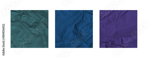 Square texture set featuring blue, green and pirple old paper sheet bg designs with crumpled folded wrinkled ripped surfaces ideal for letter style background or creative post template projects.