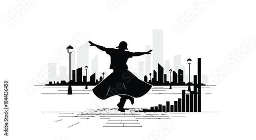 Silhouette of a dancer in flowing robes spinning joyfully against a stylized cityscape