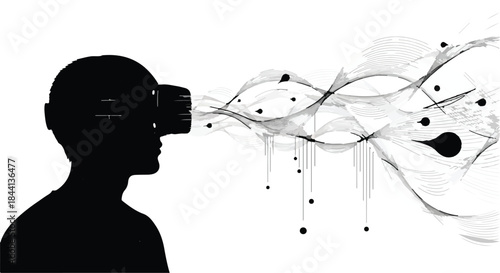 Silhouette of person wearing VR headset experiencing digital data stream and abstract waves