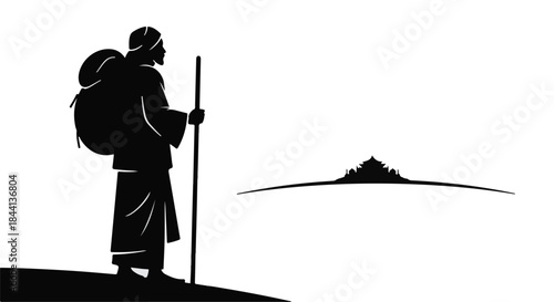 Solitary traveler with backpack and staff journeys towards distant mountains