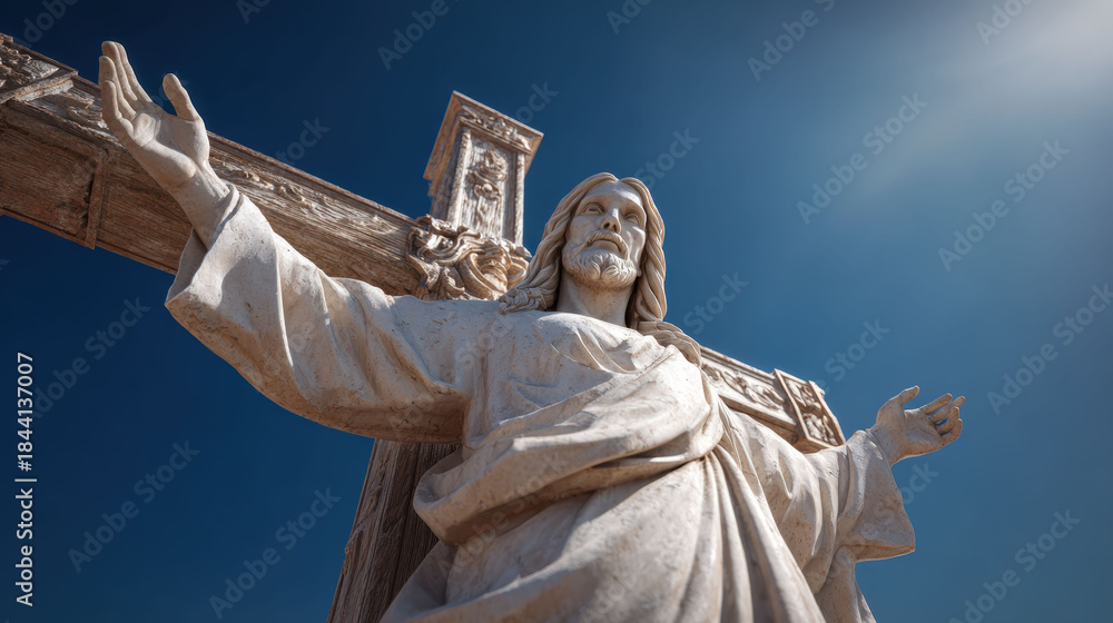 Fototapeta premium A detailed sculpture of a bearded man holding a cross under the starlit sky. The soft light reflects faith, sacrifice, and timeless devotion.
