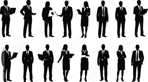 Collection of Diverse Business People Silhouettes with Laptops and Documents, Professional Men and Women Vector Illustration, Corporate Office Staff Icons Set