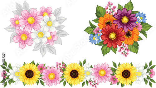 Bright floral bouquet and sunflower border illustration set featuring colorful garden blossoms for wedding invitations, greeting cards, decorative designs and craft projects