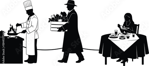 Food service process from chef cooking to produce delivery and customer dining at a fancy restaurant table silhouette.