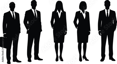 Group of Five Professional Business People Silhouettes in Suits, Corporate Executive Team Vector Illustration, Isolated Formal Staff Icons