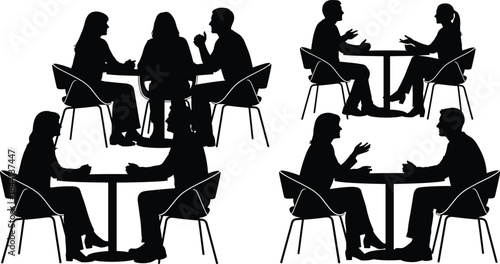 Silhouettes of Small Groups of People Sitting at Round Tables, Mixed Gender Friends and Colleagues Talking, Cafe or Business Meeting Vector Illustration