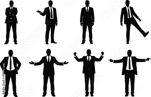 Two Dynamic Businessman Silhouettes at Podiums, Speaking and Debating with Gestures Vector Illustration, Political Orators and Presenters Icon Set