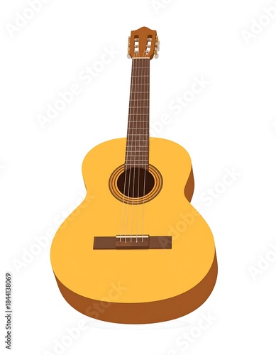 A flat-lay cartoon illustration depicts a classical acoustic instrument. The wooden body and neck have a realistic hue against a white background