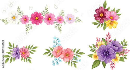 Beautiful floral arrangement illustration set with colorful cosmos flowers, leaves and decorative bouquets for wedding invitations, greeting cards and elegant design