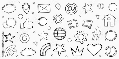 Hand drawn social media icons and symbols on white background