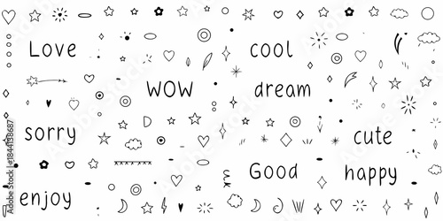 Hand drawn doodle elements with words and shapes on white