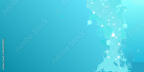Abstract turquoise background with splashes and bubbles on the right side