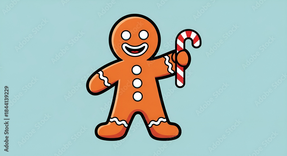 Fototapeta premium A happy cartoon gingerbread man holding a candy cane. Festive Christmas holiday character illustration of a sweet cookie