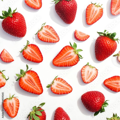 A flat-lay photo presents a vibrant array of strawberries, whole and halved, scattered against a clean white backdrop