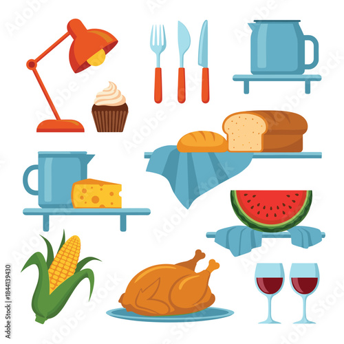 A colorful collection of various food items and kitchenware perfect for a picnic, holiday meal, or a cozy home setting.