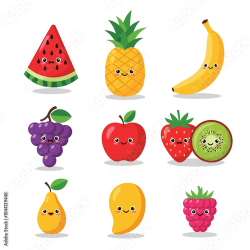 Colorful and cheerful cartoon fruit illustration set featuring a variety of happy fruits like watermelon, pineapple, banana, apple, and berries.