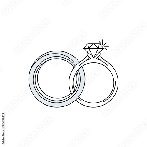 An illustration depicting two intertwined rings, one a simple band and the other a diamond engagement ring, symbolizing marriage and eternal commitment.