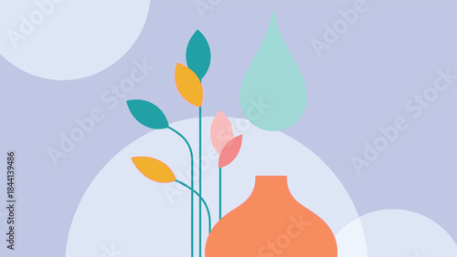 Colorful illustration of flowers in a red vase on a pastel background with abstract shapes