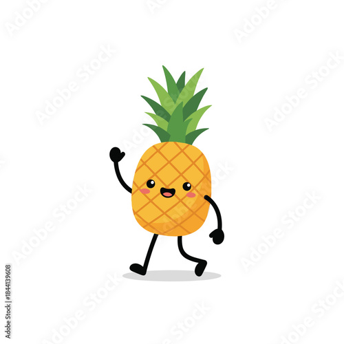 A cute and cheerful cartoon pineapple character with a friendly face is happily walking and waving.