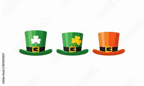 Three St. Patrick's Day hats in green and orange with shamrock and buckle details.