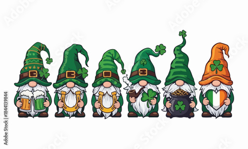 St. Patrick's Day gnomes with shamrocks and Irish symbols.