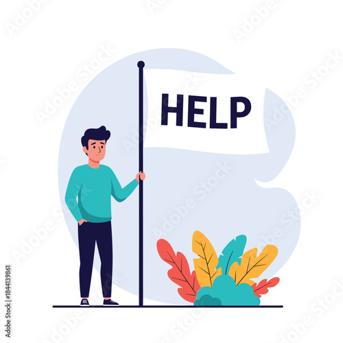 A concerned man holds a white flag with 'HELP' written on it, symbolizing a cry for assistance, support, or a challenging situation.