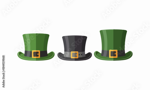 Three hats, two green and one black, with gold buckles on a white background.