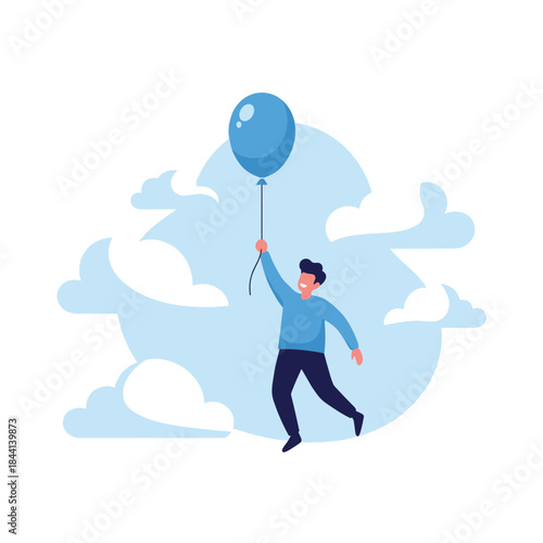 A smiling man joyfully floats upward in the sky, clutching a blue balloon, surrounded by fluffy white clouds, symbolizing freedom and happiness.