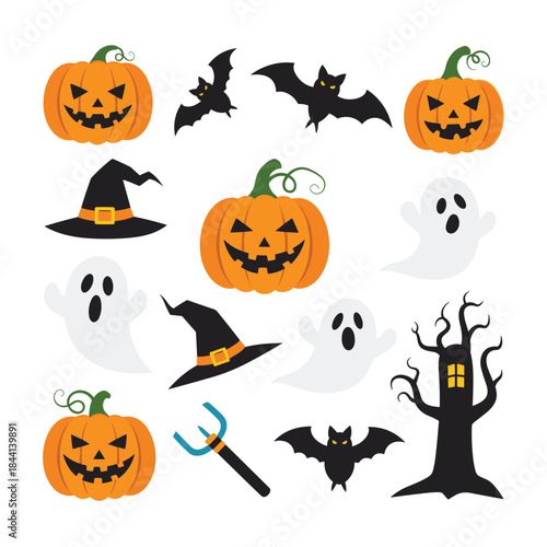 Cute and spooky Halloween icons and elements featuring jack-o'-lanterns, flying bats, friendly ghosts, and witch hats, on a white background.