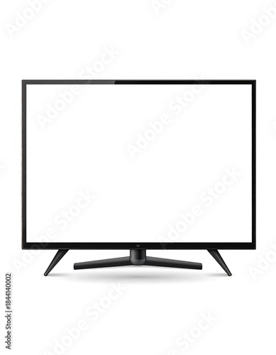 A flat-screen television with a blank, white screen sits on a simple black stand, set against a plain white backdrop