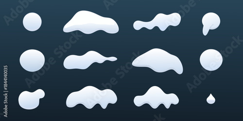 Collection of stylized cartoon clouds and snow shapes on a dark background