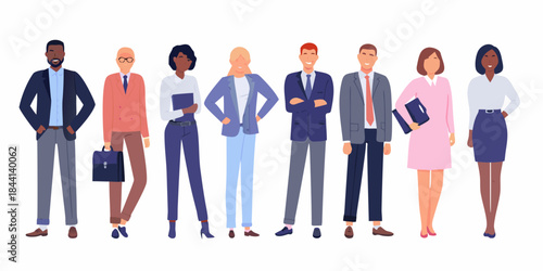 A diverse group of business professionals standing in a row looking forward