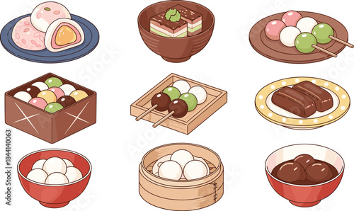 Asian dessert illustration set with dango skewers, mochi varieties, sweet rice balls, jelly treats and steamed sweets for culinary menu design