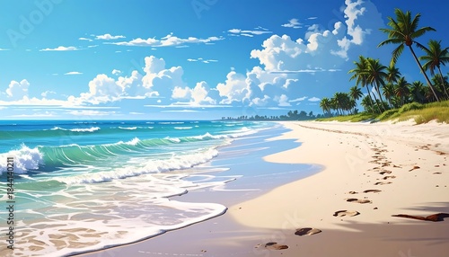 Fototapeta Naklejka Na Ścianę i Meble -  Animated shoreline scene. Crystal waves gently lap a sandy beach under a bright sky with puffy clouds and palm trees. Footprints mark the shore