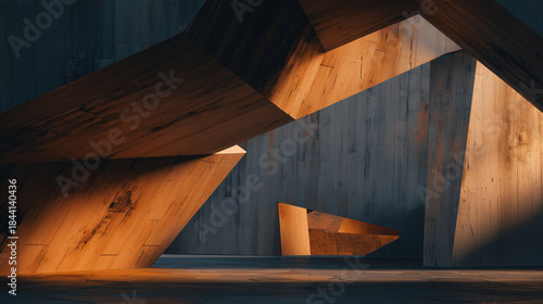 Abstract geometric architectural structure with textured surfaces illuminated by warm sunlight creating dynamic shadows and unique forms in modern design
