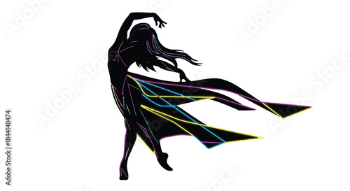 Graceful dancer's silhouette in motion, with vibrant flowing fabric illuminated by neon lines.