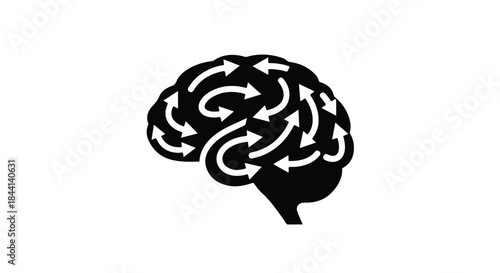 Abstract illustration of a brain with swirling arrows representing thought processes or ideas.