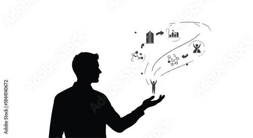 Silhouette of a man holding abstract symbols representing ideas and goals in his open palm.
