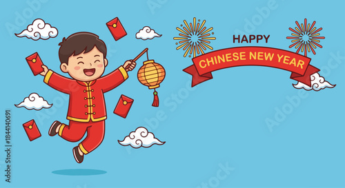 Chinese people celebrating Chinese New Year peacefully with blue background vector illustration