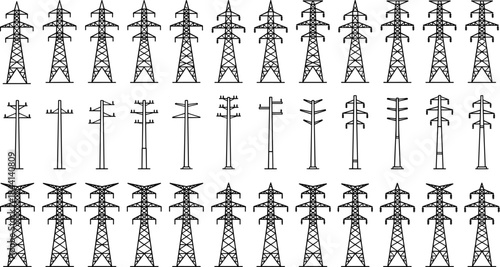High voltage transmission towers, electricity pylon icons, power line vector set, electric utility poles, energy infrastructure, grid collection.